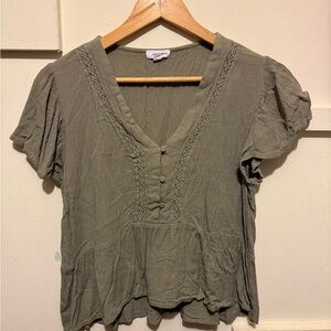 Eyeshadow Olive Green Button-Front Peasant Blouse